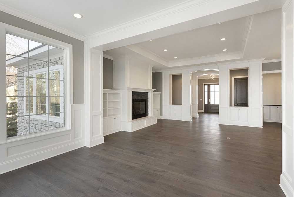 living room with built-in cabinets